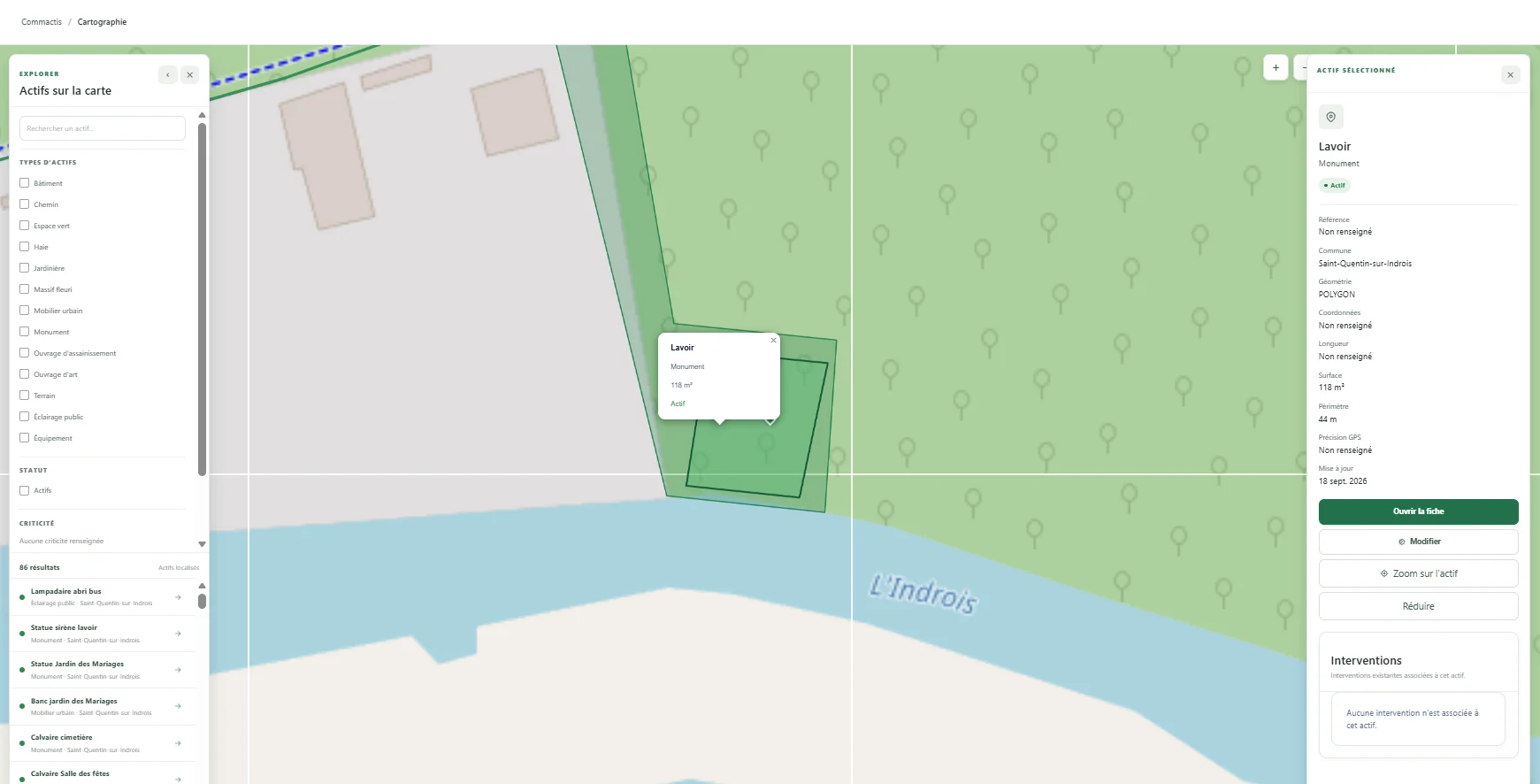 Carte réelle du lavoir de Saint-Quentin-sur-Indrois, sa géométrie et ses informations.